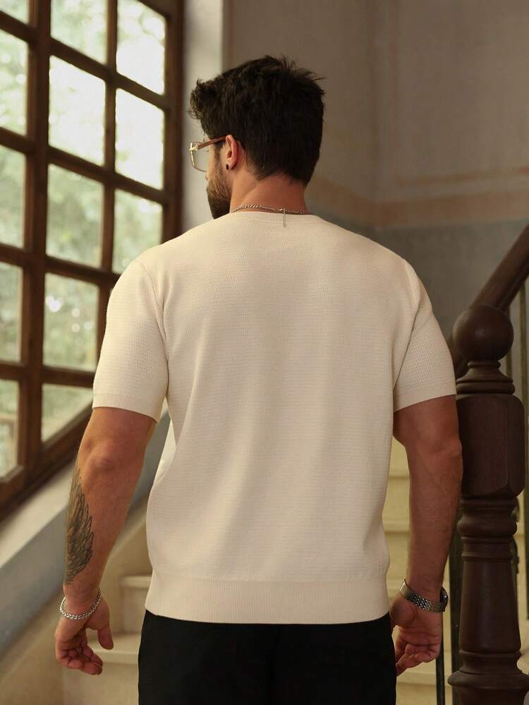 Men's Solid Color Beige Half-Placket Short Sleeve Knit Top, Summer