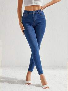 SHEIN Essnce Quần jean ôm vừa vặn, dễ mặc, thoải mái khi đi làm - Màu xanh lam - Xem 7