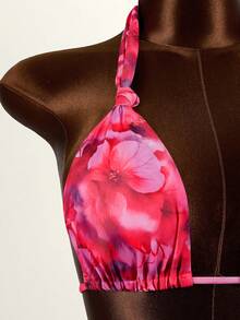 Elamini 女士夏季沙滩印花露背系带性感比基尼套装，含罩衫和裙子 - 紅色 - 查看 6