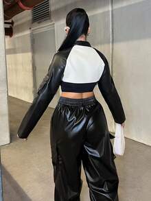 Dayanna Comas Chaqueta de mujer de manga raglán de dos tonos, muy corta, ropa de otoño sin sujetador - Multicolor - Ver 2