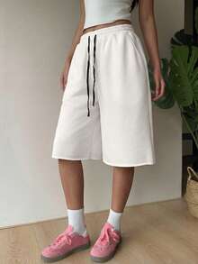 SHEIN EZwear 大码女式休闲白色弹力腰抽绳宽松夏季短裤 - 白色 - 查看 3