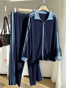 Comfortcana Blaues Ribbon Zweiteiler Set in Große Größen, Lässig und Sportlich - Blau - Übersicht 9