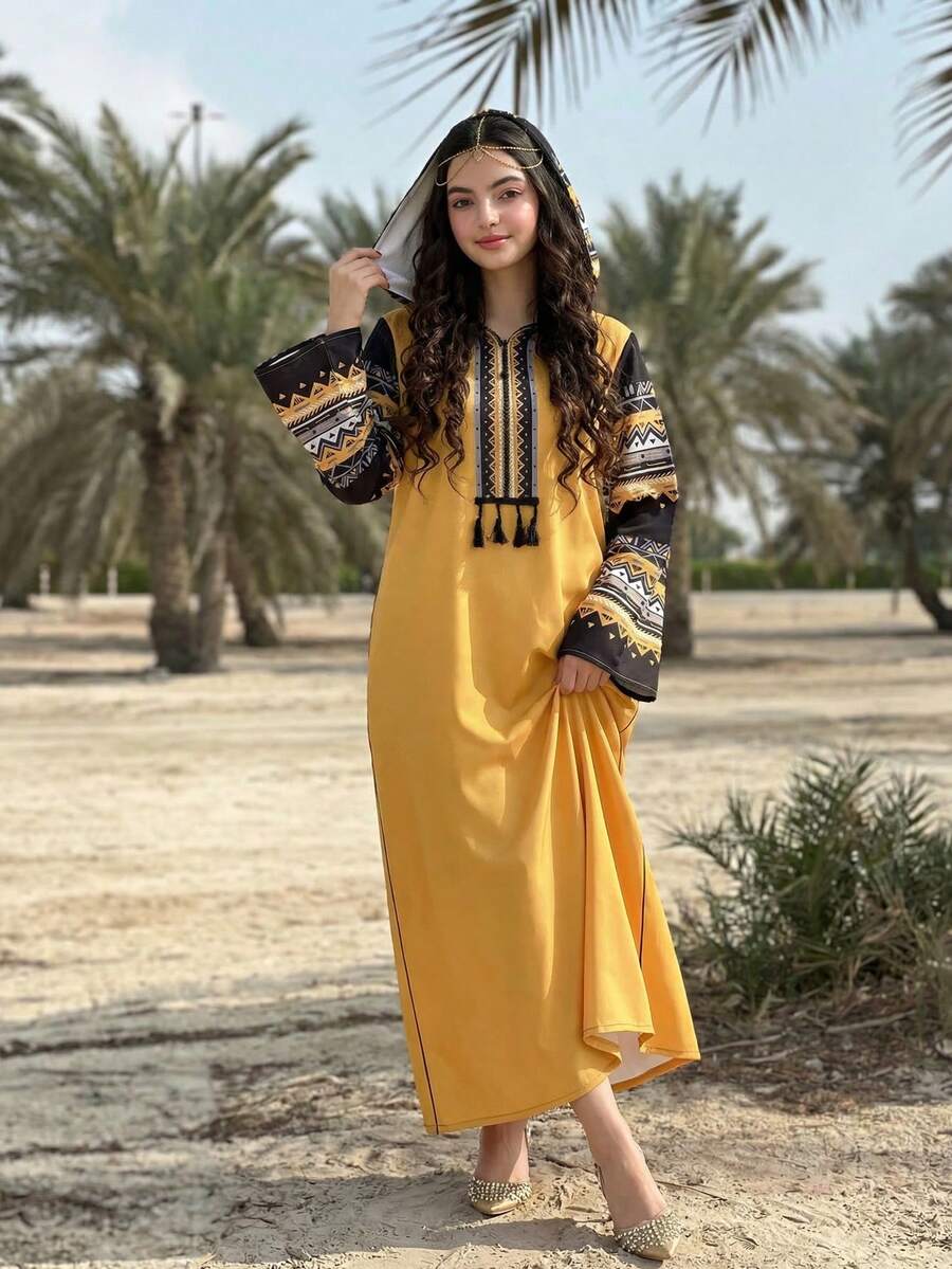 少女休闲中东风印花连帽连衣裙,图腾图案,适合节日穿着 - 黃色 - 查看 1