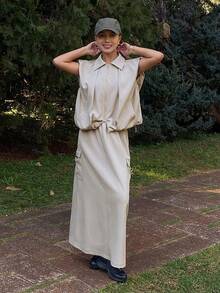 Livesso 女士休闲宽松外套，翻领设计，腰部抽绳，配有大口袋，搭配直筒半身裙，两件套，适合春夏穿着。 - 卡其色 - 查看 3