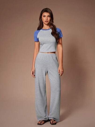 SHEIN Dam vår/sommar kontrastfärgad skarv med raglanärm och figurnära minimalistisk stickad loungewear-set, rund halsringning med korta ärmar och vida ben, 2 delar