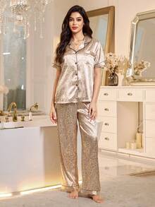 LuxeNights Faux Silk Leopard Print Cardigan Short Sleeve PJS For Women PJS For Women Silk Women Home Wear Sleepwear For Women Silk Luxury Pajama Women's PJSs - Gold - View 4
