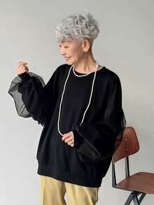 FRIFUL Women's Lightweight Sheer Mesh Patchwork Lantern Sleeve Loose Casual T-Shirt, Black, Spring/Summer - Black - View 6