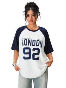 Solavibe 大码夏季基础休闲插肩袖短袖宽松T恤，春夏皆宜，适合度假穿着，休闲运动风数字字母宽松T恤，夏季印花T恤女装上衣，大码T恤，大码女装，女士宽松插肩袖衬衫，大码字母印花T恤 - 藍色 - 查看 6