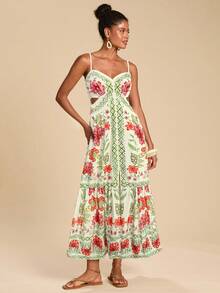 Travachic Đầm hở lưng in hoa dành cho nữ, thích hợp cho kỳ nghỉ. - Đỏ - Xem 6