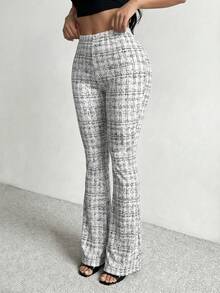 SHEIN SXY 女士休闲格子印花高腰喇叭裤，适合工作和通勤穿着。 - 黑與白 - 查看 4
