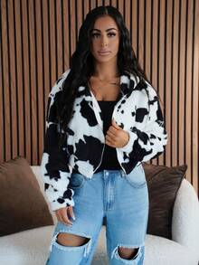 SAYEHFBABY 女式秋季新款奶牛印花蓬松连帽开衫夹克 - 黑與白 - 查看 1