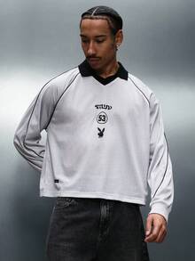 PLAYBOY X SUMWON Men's Retro Style Polo Sports Jersey Long Sleeve Mesh V-Neck Top With Contrast Black Collar And Side Trims - Grey - View 2