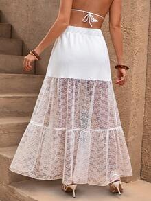 EURMUSE 春夏女士波西米亚风长裙，奶油色层叠裙，高开衩夏季裙，度假风蕾丝裙，钩花边长裙，飘逸嬉皮风长裙 - 白色 - 查看 2
