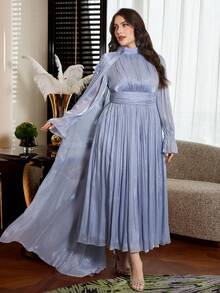 Modelyn 大码女士优雅收腰休闲连衣裙 - 霧霾藍 - 查看 6