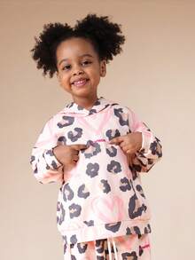 SUMWON 幼儿豹纹连帽衫和运动裤套装，带爱心图案，长袖舒适运动服