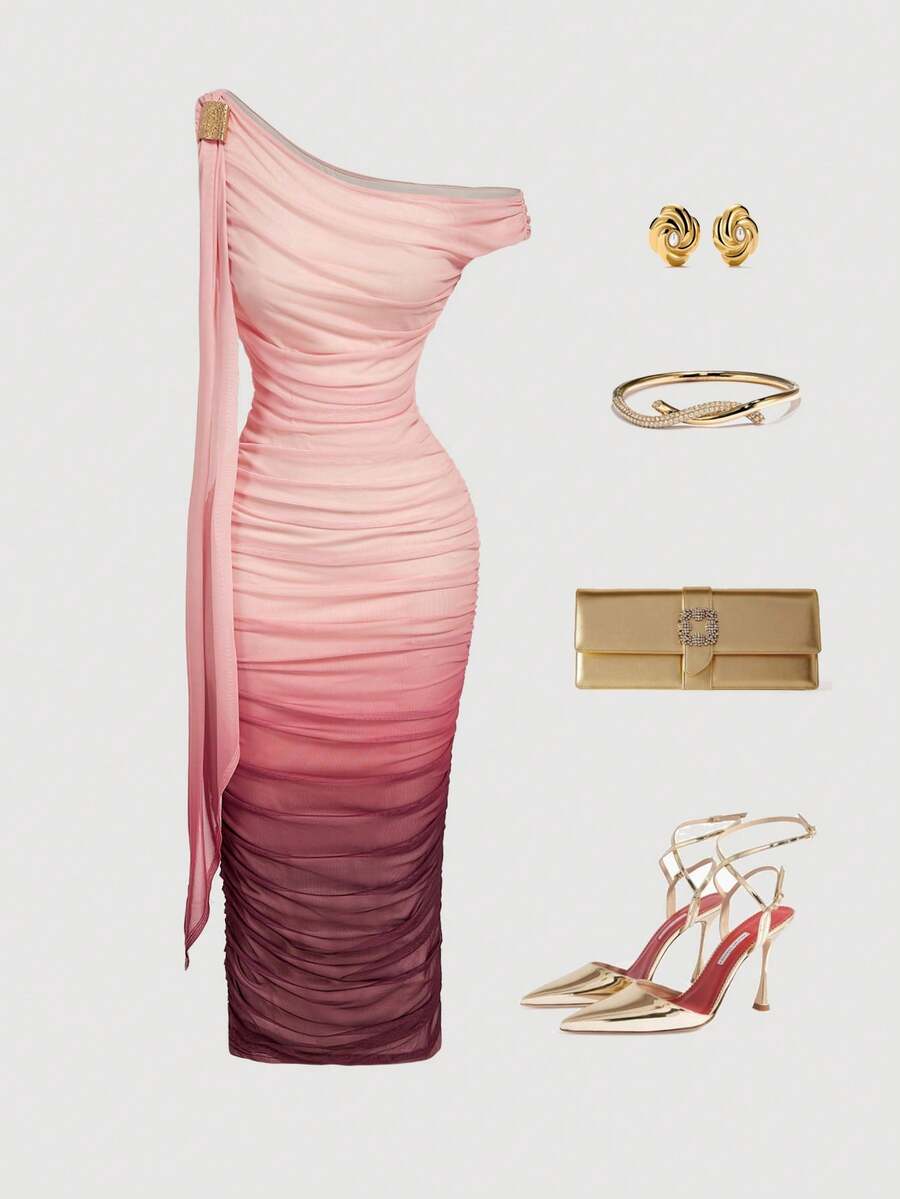 SHEIN MOD 中长款女士纯色不对称领褶皱连衣裙，休闲夏季连衣裙 - 彩色 - 查看 1