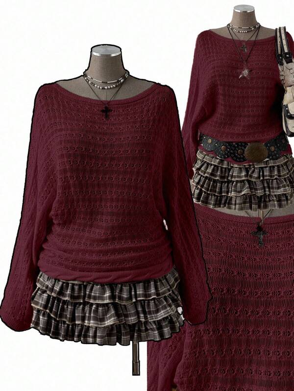 Sunspun Plus Size Women's Bohemian/Y2K Style Hollow Out Solid Color Flare Sleeve Long Sleeve Knit Pullover Sweater, Suitable For Vacation, Suitable For All Seasons Women Fall, Plus Size Burgundy Plain Knitwear Pullover Sweater Casual Boat Neck Wrist Length Sleeve Drop Shoulder Semi Sheer Finish