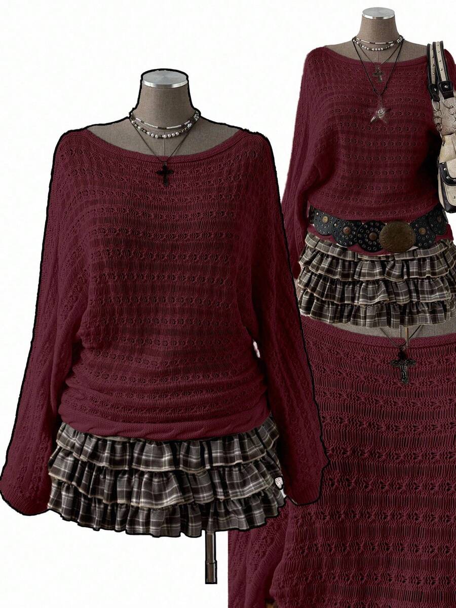 Sunspun 大码女式波西米亚/Y2K风格镂空纯色喇叭袖长袖针织套头毛衣，适合度假，适合所有季节，尤其适合秋季穿着；大码酒红色纯色针织套头毛衣，休闲船领，袖长及腕，落肩设计，半透明面料 - 酒紅色 - 查看 1