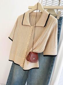 Franclia 休闲宽松Polo领短袖针织镂空衫，撞色滚边杏色女士春夏开衫，夏季上衣，女士夏季服装，度假装，女士休闲上衣，女士针织衫，米色女士上衣，翻领衬衫，复古服装，网眼衬衫，女士上衣和衬衫，工作服，女士办公室工作衬衫，女士衬衫，新款女士Polo衫，针织Polo衫，优雅针织上衣 - 杏色 - 查看 4