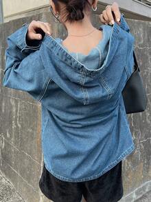 FRIFUL Women's Casual Washed Criss-Cross Hooded Denim Top - Blue - View 6