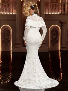 Glamrae فستان أنيق فاخر رومانسي مزين بالدانتيل الأبيض، طويل الأكمام، قصة ذيل حورية البحر، مناسب للزفاف، فستان العروس، عيد الحب - أبيض - مشاهدة 4