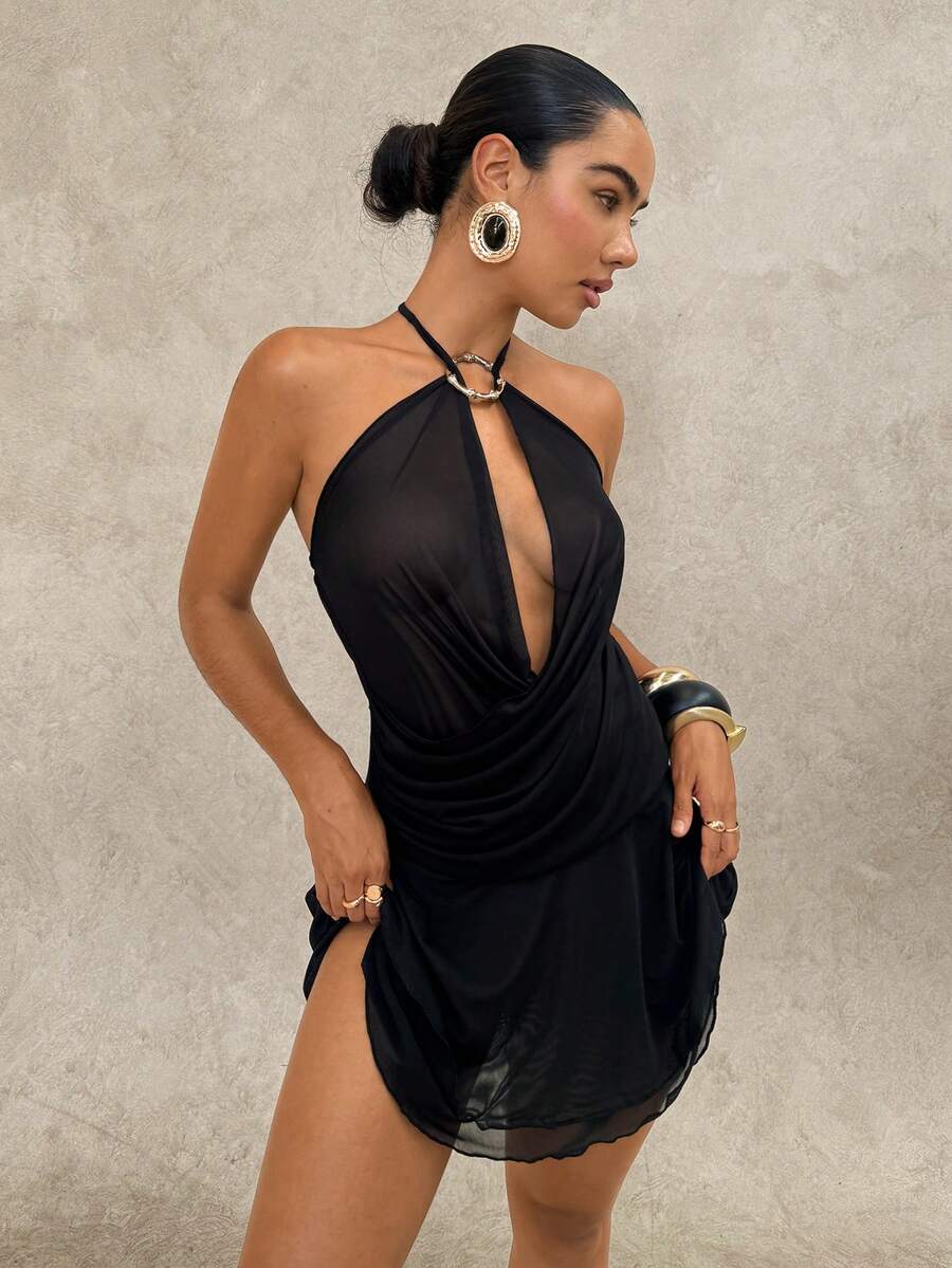 Swim Glamine Damen einfarbiges Halter-Rückenfreies Strandkleid, geeignet für Strandurlaub - Schwarz - Übersicht 1