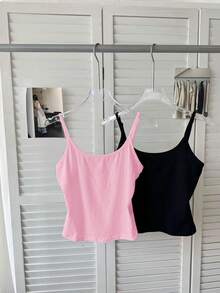 SHEIN EZwear 2件組夏季休閒純色百搭細肩帶背心上衣，可愛女款瑜伽平織吊帶背心女裝 - 彩色 - 查看 3
