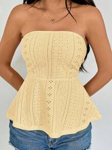 SHEIN EZwear 镂空刺绣纯色荷叶边抹胸上衣可爱黄色上衣黄色夏季上衣夏季上衣女士针织上衣女士镂空上衣黄色镂空上衣无肩带上衣浅黄色上衣荷叶边镂空上衣夏季镂空上衣无肩带镂空上衣休闲夏季上衣女士夏季无肩带上衣蕾丝边夏季上衣女士夏季上衣可爱夏季上衣 - 淡黃色 - 查看 5