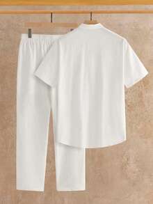 HIMLAND Men's Casual Notch Collar Short Sleeve Shirt And Drawstring Waist Long Pants Set, Spring/Summer/Autumn Multi-Piece Set  Daily Essential Wardrobe Staple Basic Style All-Match Style Go-To Piece Mix-And-Match Item Casual Versatile Style  Daily Essential Wardrobe Staple Basic Style All-Match Style Go-To Piece Mix-And-Match Item Casual Versatile Style  Beach Outfit  Summer Wardrobe Essentials Casual Outfit Ideas Laid-Back Look - White - View 2