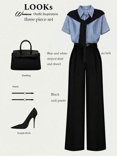 Franclia 2pcs Women's Fashionable Commuter Outfit - Striped Collar Shawl & Straight Leg Pants With Belt Office Clothes Blouse And Pants Set Office Outfits For Women Set French Style Clothes Formal Jumpsuits For Woman Work Outfit Office Wear Corporate Outfit Business Casual Work Outfits
