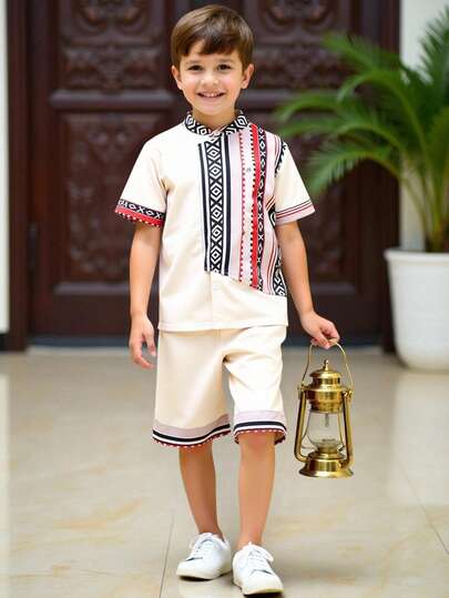 2pcs Young Boys' Fashionable Middle Eastern Style Beige T-Shirt With Print Shorts Set, Soft Fabric, Comfortable, Suitable For Summer, Outdoor, Sports, Photography, School And Various Occasions