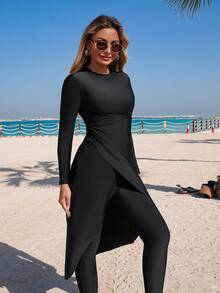 Swim Mulvari 2pcs Women's New Spring/Summer High Neck Long Sleeve High Slit Ruffle Top And Long Pants Swimsuit, Middle East Beach Cruise Vacation Swimwear, Sun Protection Casual Beach - Black - View 1