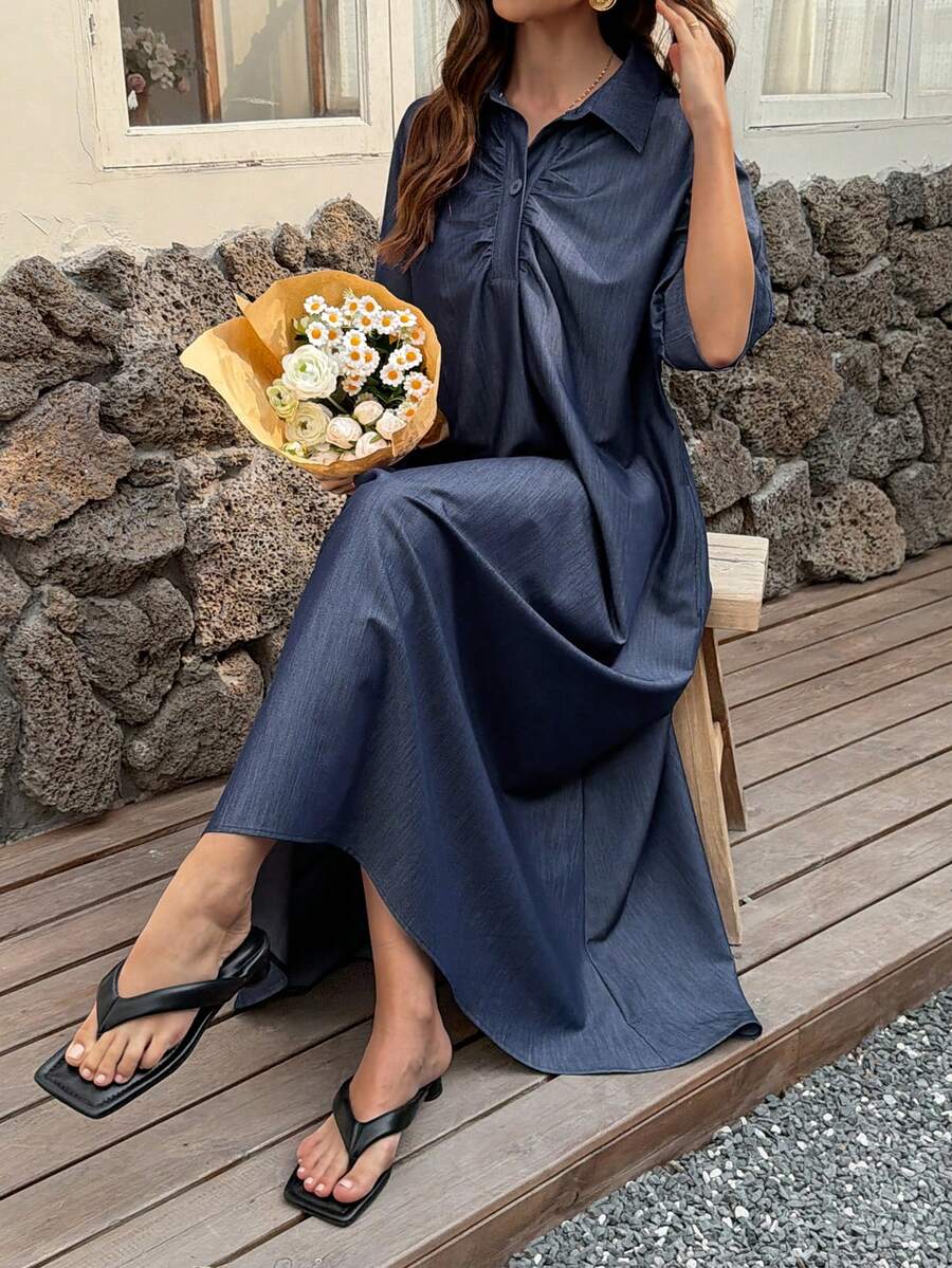 Vivie Lora Women's Loose Fit A-Line Midi Dress With Shirt Collar And Half-Placket - Blue - View 1