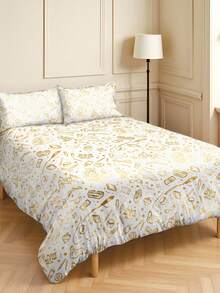 HARRY POTTER X SHEIN 3Pc Bronzing Pattern Quilt Cover Set, White Quilt Cover, Comfortable And Soft, Warm And Machine Washable, Suitable For Single Bed/Double Bed/Queen Bed/King Bed, Dormitory/Home