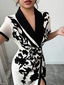 Elenzga Women's Contrast Color Print V-Neck Short Sleeve Mid-Length Dress - Multicolor - View 7