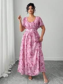 SHEIN Elenzya Đầm xòe cổ chữ V thanh lịch dành cho nữ cỡ lớn, thích hợp cho ngày Valentine. - Hồng - Xem 5