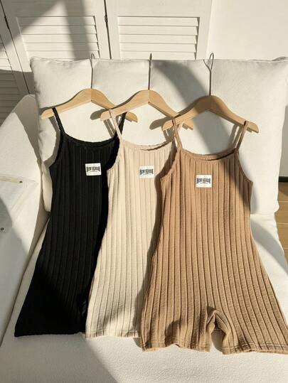 Sparklyn 3 Pieces Set Of Four Seasons Tween Girls Basic, Versatile, Texture-Feeling, Multi-Piece, Round Neck, Spaghetti Strap, One-Piece Suit Suitable For Daily Commuting, Leisure, Vacation, Sister Gatherings, Street Photography