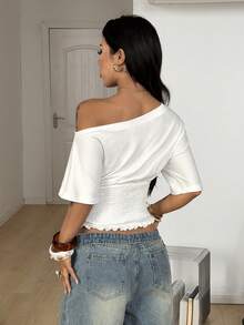 Coolane Women's Spring/Summer Minimalist Y2K Chic Basic Daily Wear Casual Back To School Streetwear Summer Holiday Outfits Stretchy Waist-Cinched Loose Long Sleeve Off Shoulder Crop Tees,White Top - White - View 6