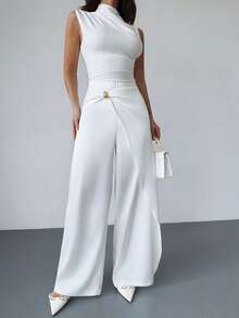 Firerie 女士优雅休闲日常装，都市通勤办公，白色缎面中长裹身裙裤，金属扣装饰，宽松阔腿裤，教师，机场，新款春夏秋冬女士裤装，约会，度假，休闲，时尚百搭白色阔腿裤 - 白色 - 查看 7