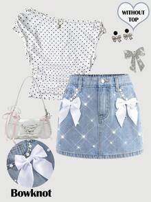 Girlism Tween Girl Spring Summer Elegant Light Washed Distressed Boho White Bowknot Blue Denim Skirt With Pocket Insert, Faux Pearl, And Frayed Hem, For Dailywear Spring Summer And Back To School - Light Wash - View 1