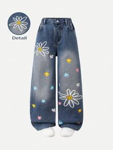 SHEIN ChillGRL Girls' New Fashion Cute Heart Embroidery Straight Leg Loose Fit Jeans - Light Wash - View 8