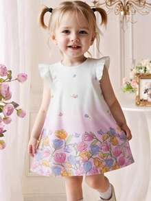 Robe trapèze à manches bouffantes pour bébé fille, élégante et à la mode, style princesse. Imprimé tulipes ravissant, légère et confortable pour le printemps/été. Idéale pour les sorties décontractées, le street style, la rentrée des classes, les pique-niques, les séances photo, les vacances et les cadeaux. - Multicolore - Voir 1