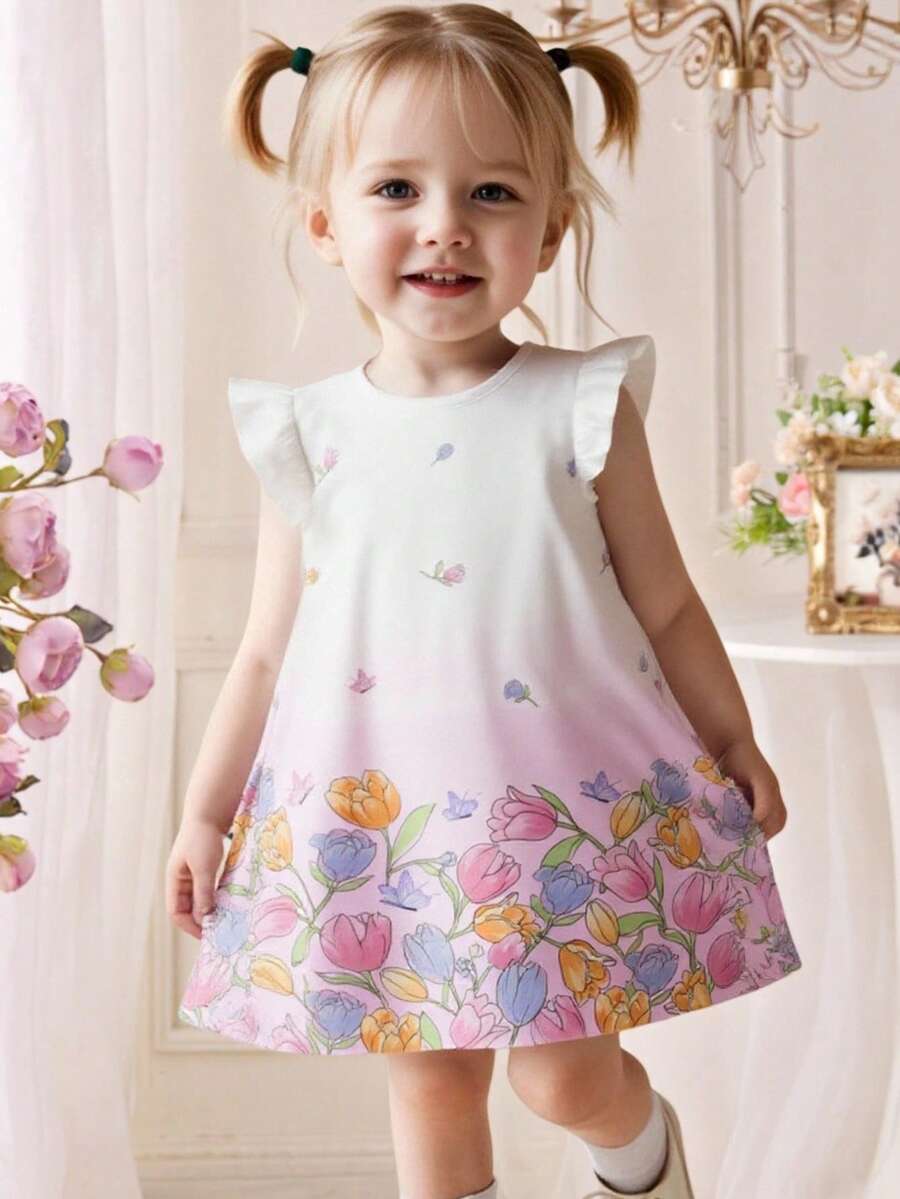 Robe trapèze à manches bouffantes pour bébé fille, élégante et à la mode, style princesse. Imprimé tulipes ravissant, légère et confortable pour le printemps/été. Idéale pour les sorties décontractées, le street style, la rentrée des classes, les pique-niques, les séances photo, les vacances et les cadeaux. - Multicolore - Voir 1
