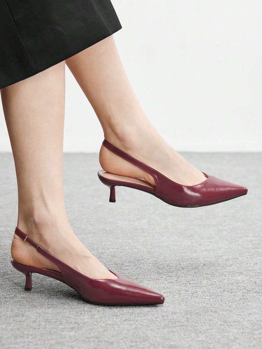 CUCCOO BIZCHIC Giày cao gót mũi nhọn màu đỏ tía bằng da bóng, quai hậu khoét rỗng, kiểu dáng slip-on dành cho nữ, đa năng cho công sở và mặc hàng ngày. - Màu Đỏ Sâu - Xem 1