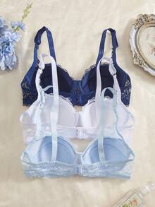 DesireSculpt 3pcs/Set Women's Minimalist Underwire Bra, Sexy Lace Romantic French Style Lingerie - Multicolor - View 2