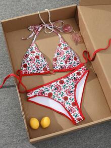 SHEIN Swim Plus Size Women Sweet Beach Vacation Floral Print Bikini 2 Pieces Set - Multicolor - View 1