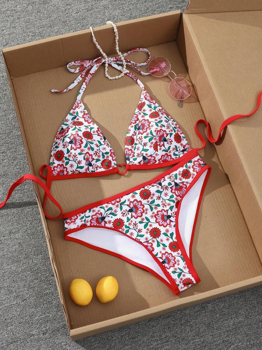 SHEIN Swim Plus Size Women Sweet Beach Vacation Floral Print Bikini 2 Pieces Set - Multicolor - View 1