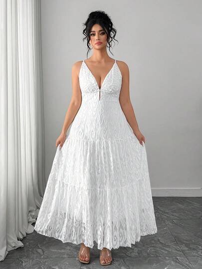 Elenzga Plus Size V-Neck Ruffle Trim Elegant Dress