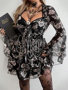 Whyspr Mesh Sheer Skeleton Rose Print Elegant Vintage Punk Goth Grunge Rock Exaggerated Flare Sleeve Midi Plus Size Dress For Women - Black - View 1