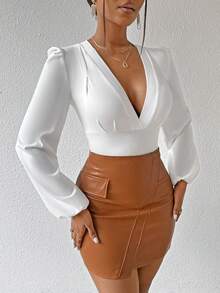 SHEIN PETITE Women's V-Neck Ruffle Long Puff Sleeve Fitted Blouse, Commuter Style, Spring/Summer - White - View 3